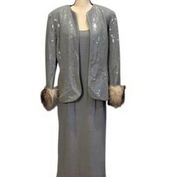 Karen Lawrence Matthew Gray Two-Piece Long Dress Sequin Jacket